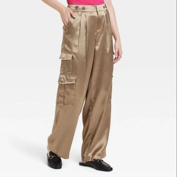 Women's High Rise Brown Satin Cargo Pants - A New Day - Picture 1 of 3